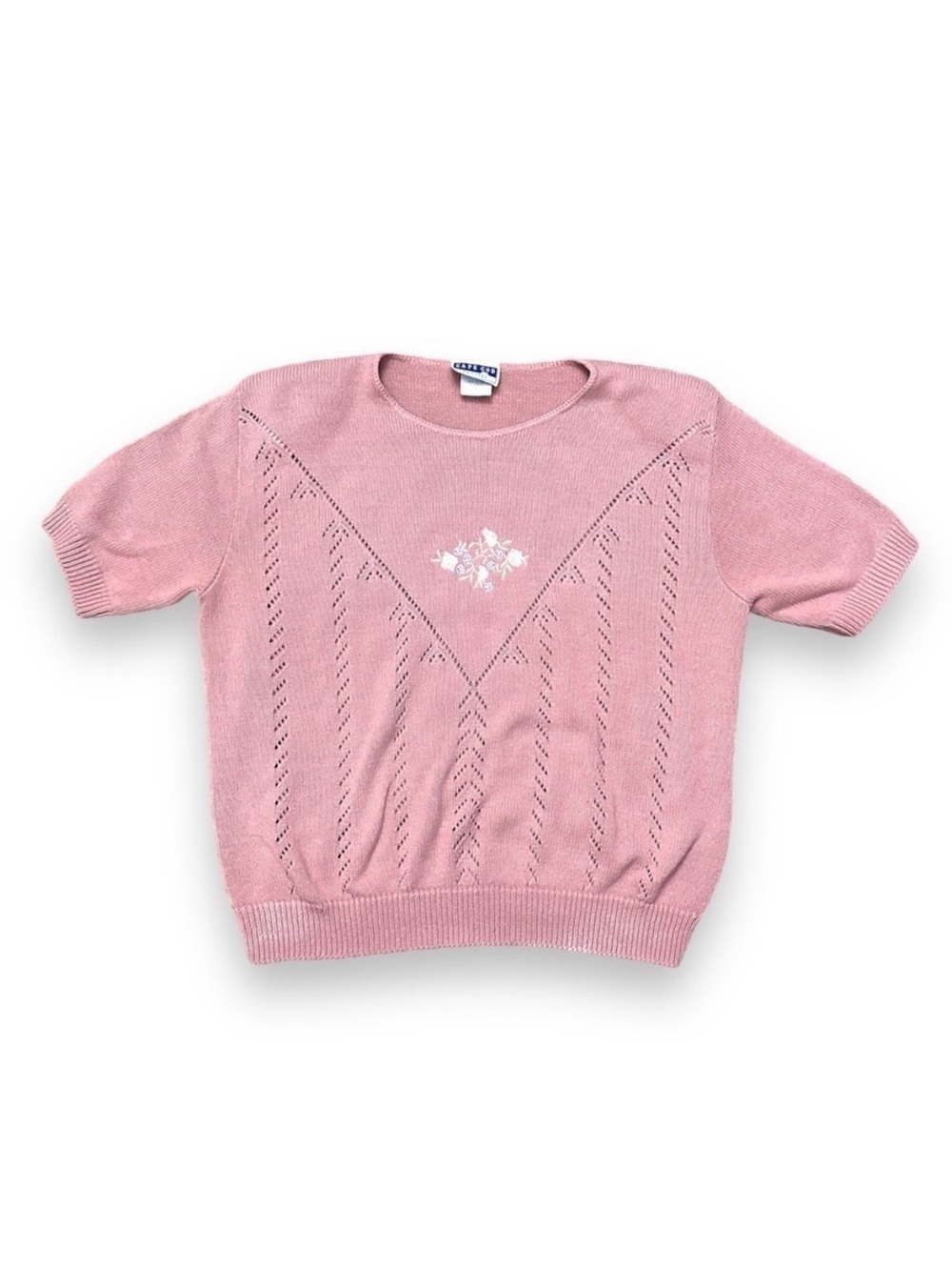 Vintage Pink Rose Embroidered Short Sleeve Sweater Size Large Cottagecore Spring